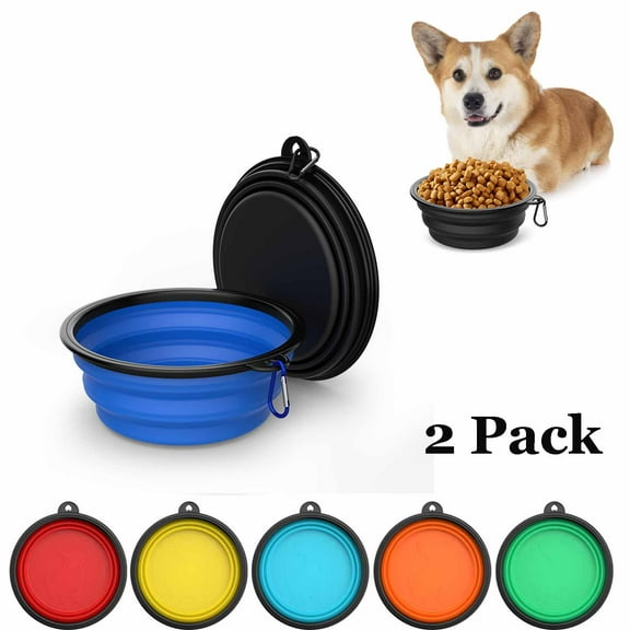 2-Pack Collapsible Pet Bowls with Carabiners, BPA-Free TPE Foldable Dog Cat Travel Bowl for Camping Hiking, 20oz Portable Food & Water Dish (Black Blue)