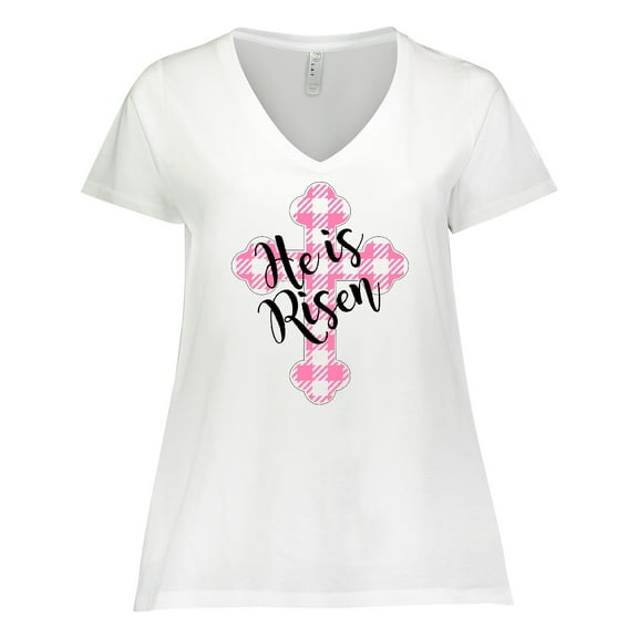 Inktastic He is Risen Pink Plaid Cross Women's Plus Size V-Neck T-Shirt