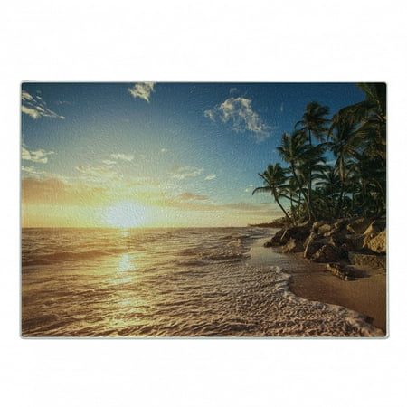 

Tropical Cutting Board Palm Trees on Tropical Beach Sunrise Morning View Panoramic Nature Picture Decorative Tempered Glass Cutting and Serving Board Small Size Blue Yellow Brown by Ambesonne