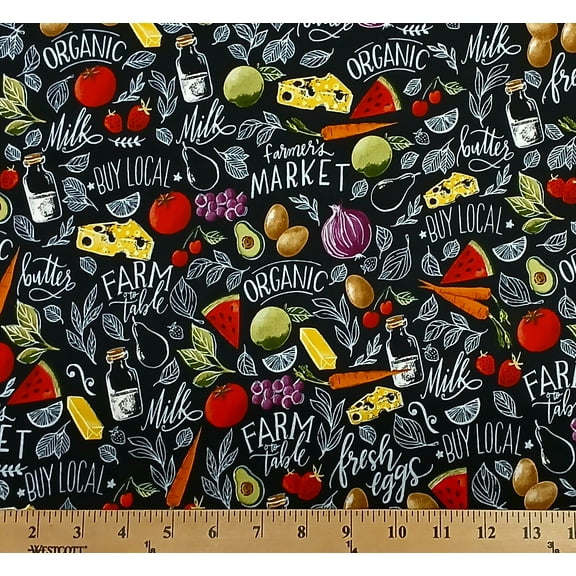Cotton Farmers Markets Harvests Vegetables Fruits Multicolor Cotton Fabric Print by the Yard