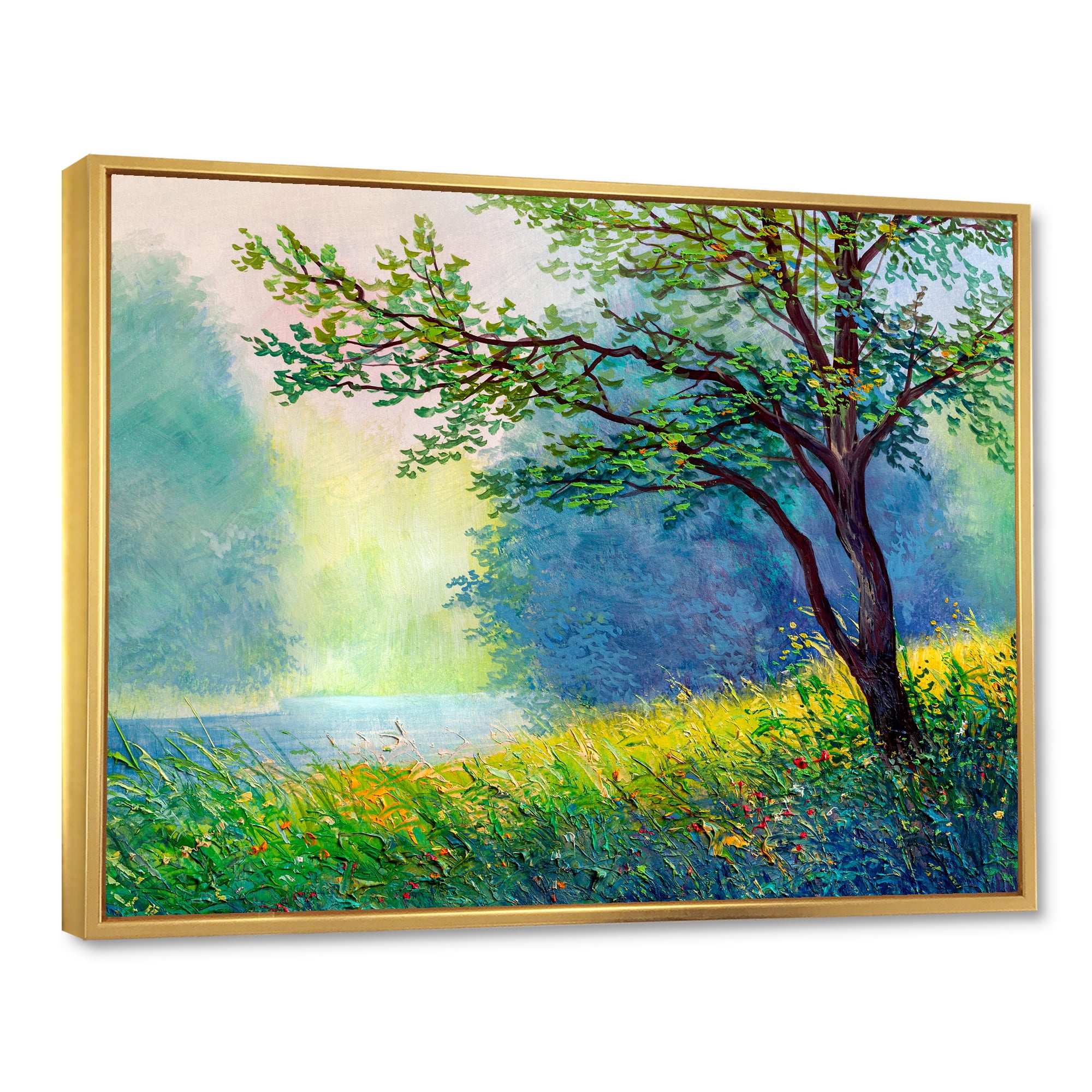 Designart 'Summer Forest With Waterfall and River ' Traditional Framed Canvas Wall Art Print