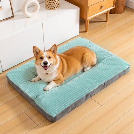 Vaukki Washable Dog Bed for Medium Dogs, Green Flannel Crate Mat with Removable Zipper Cover, Soft Crate Pad for Pet Cages, 31" x 25.9"