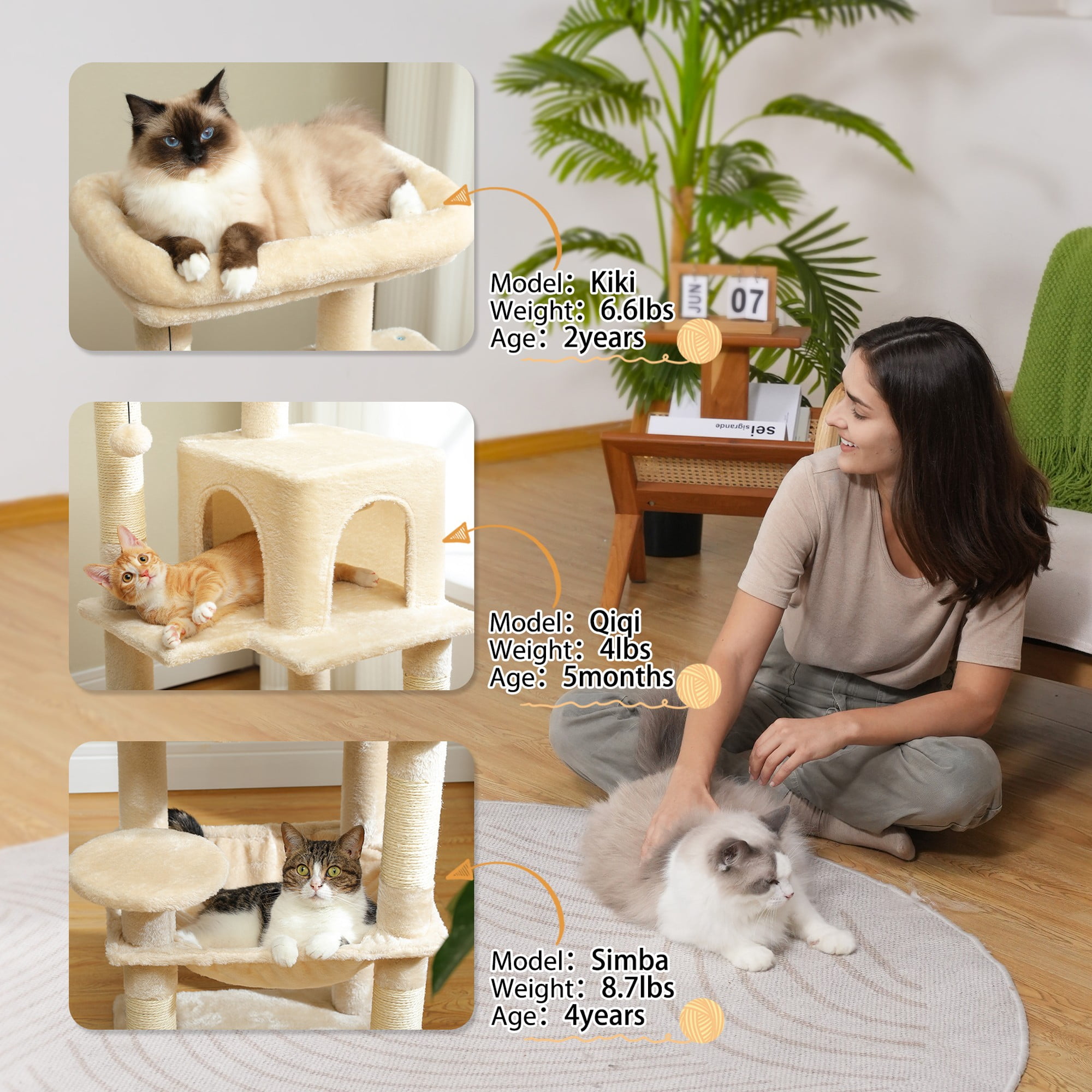 Kadyn 45" Modern Cat Tree House, Cat Condo for Indoor Cats, Activity Center Cat Scratching Tower for Kittens Toy, Beige