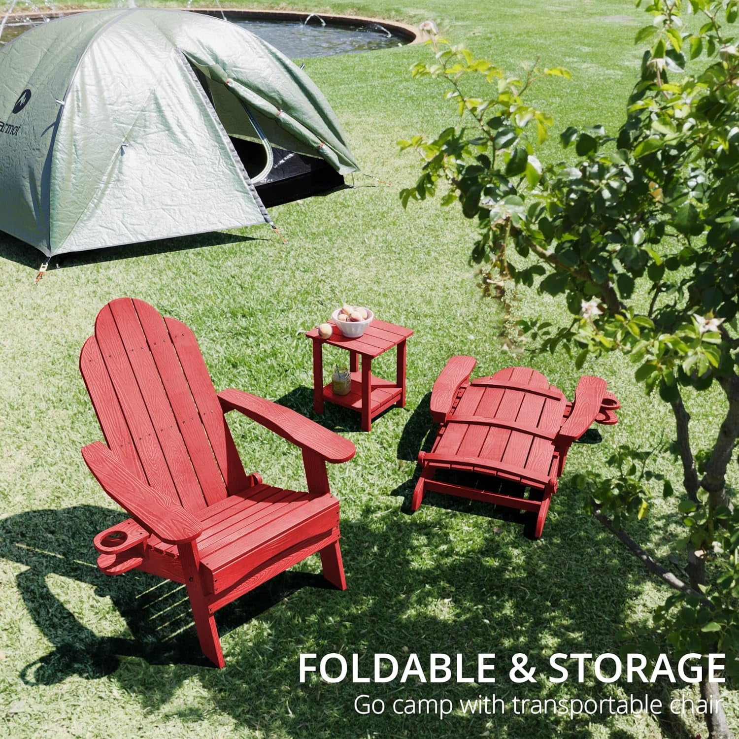 Dycanpo Folding Adirondack Chair Set of 6, Fire Pit Patio Garden Chair with Cup Holder, Bright Red