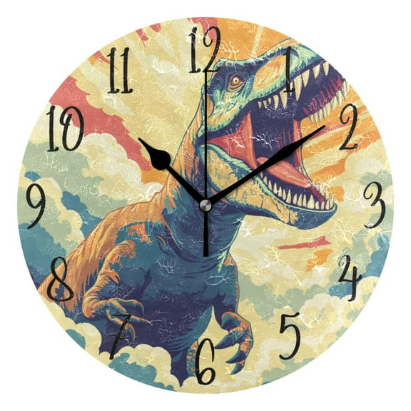 WOBOGO Illustration Of Dinosaur Roaring To The Sky Wall Clock 10in Silent Mechanism Battery Operated Retro Style for Living Room Bedroom and Kitchen Black Pointer