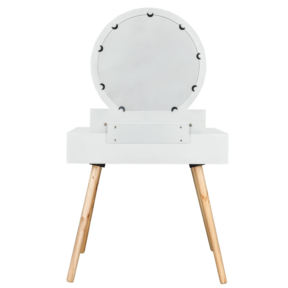 Lowestbest Wooden Dressing Table Set, Desk with Round Mirror and Two Drawers, Suitable for Bedroom and Office, White