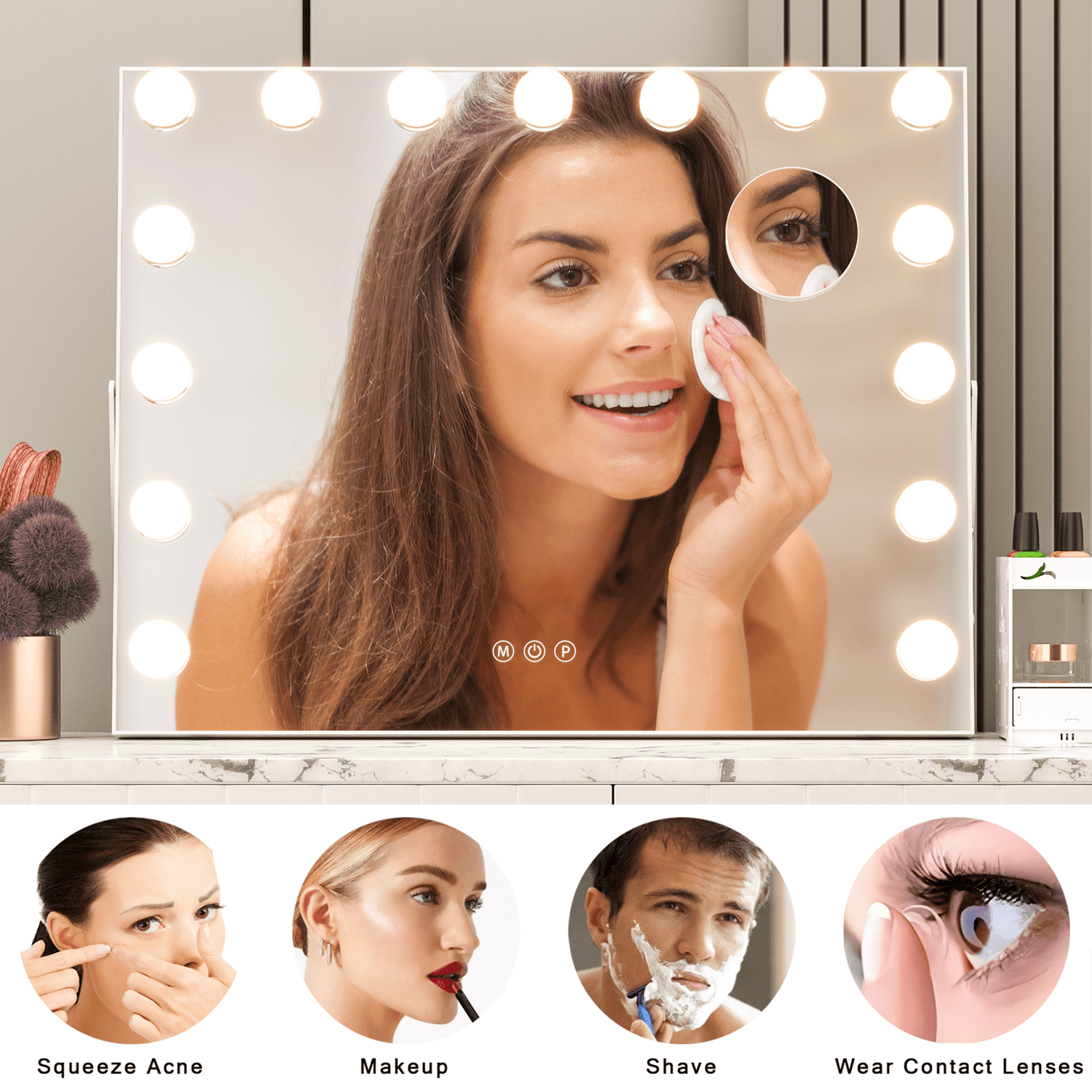 CONGUILIAO Hollywood Vanity Mirror with Lights, Vanity Makeup Mirror with 15 LED Bulbs, 3 Color Lighting Modes, USB Port, Smart Touch Control