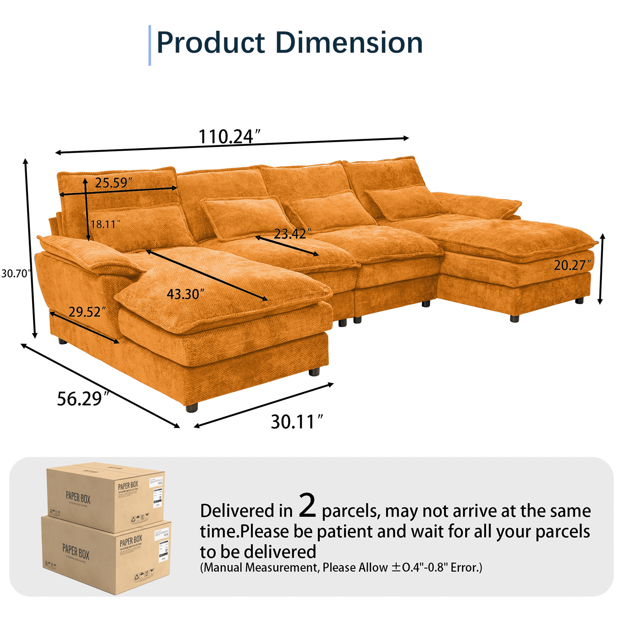SEENYOO 110.24" U-Shaped Couch, Cloud Modular Sectional Sofa with Chenille Fabric, 4-Seat Comfy Couch for Living Room,Orange
