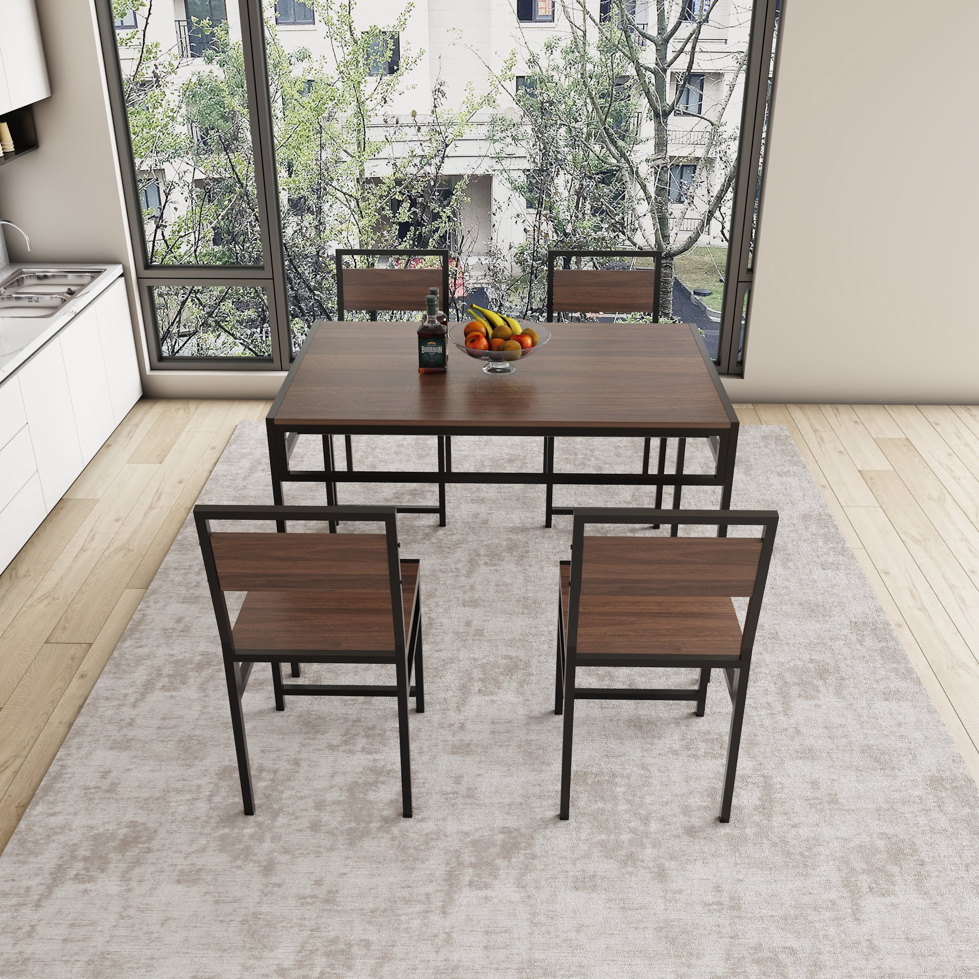 4-Piece Rectangular Dining Table Set with 4 Chairs, Industrial Wood Grain Kitchen Table with Built-in Wine Storage Rack, Space Saving Metal Frame Dinner Furniture for Apartment Kitchen Dining Room