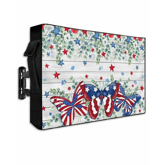 Independence Day Outdoor TV Cover 60 to 65 Inch Weatherproof, 4th of July Eucalyptus Butterfly Wooden 600D Oxford TV Covers with Waterproof Zipper, Outside Flat TV Screen Protector 58"Wx37"Hx4.5"D