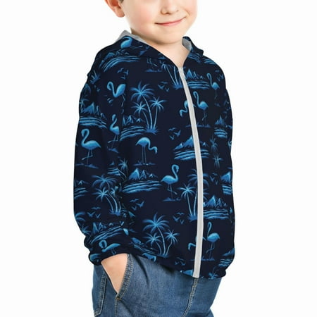 

Uemuo BLUE Flamingo Birds Pattern Rash Guard for Boys Girls Long Sleeve Swim Shirts UPF 50+ UV Sun Protection Hooded Fishing Shirt with Pocket for Kid-4 Years
