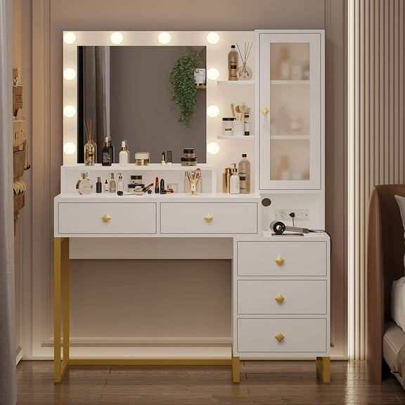 Vanity Desk with LED Lighted Mirror, Makeup Desk with 5 Storage Drawers & 6 Shelves, Vanity Table with Charging Station, Modern Dressing Table with 3 Color Lighting Options, White