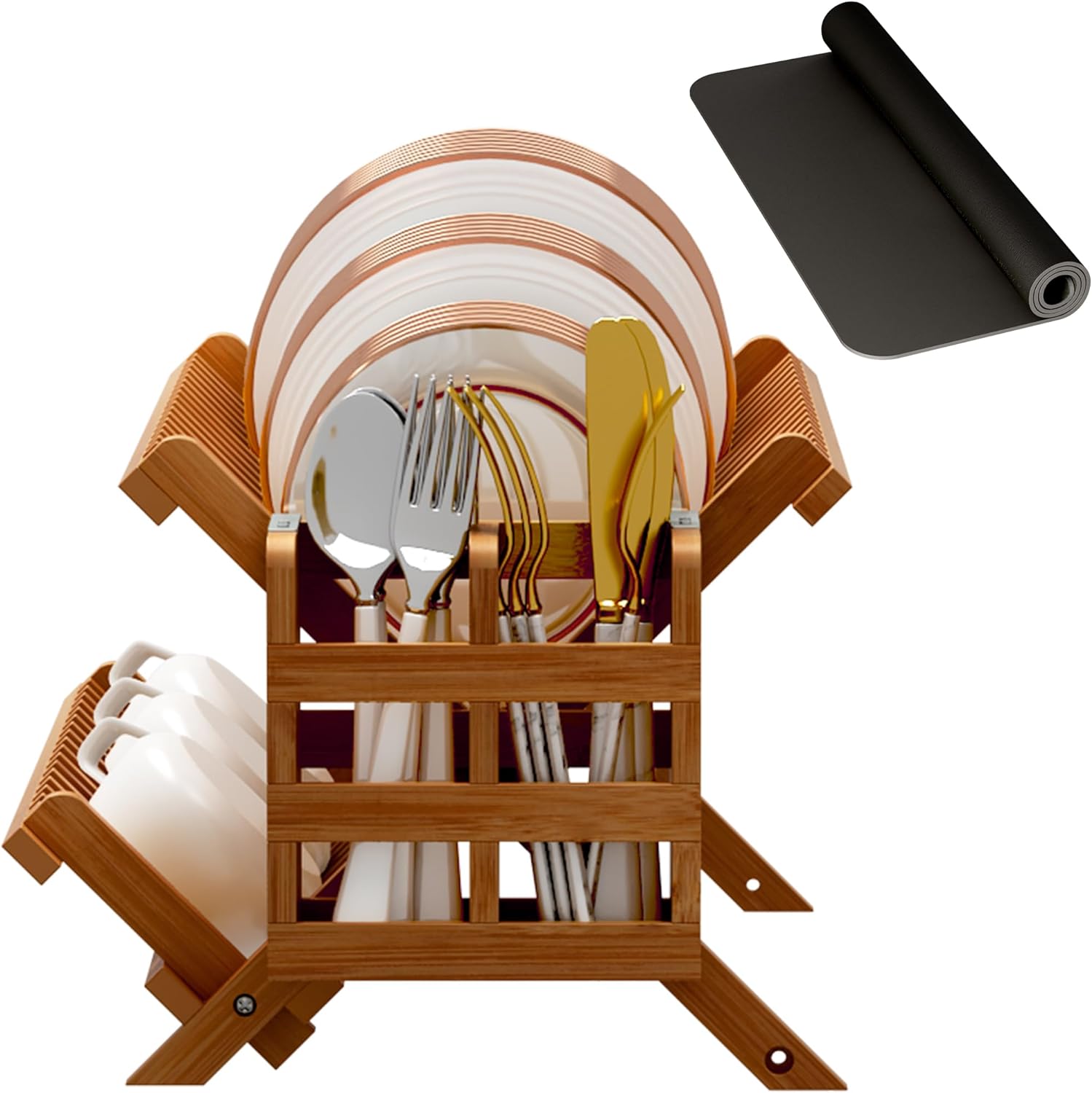 Teak Dish Drying Rack with Utensil Holder, 2 Tier Collapsible Dish Rack, Wooden Dish Racks for Kitchen Counter, Folding Drying Holder with Absorbent Dish Drying Mat