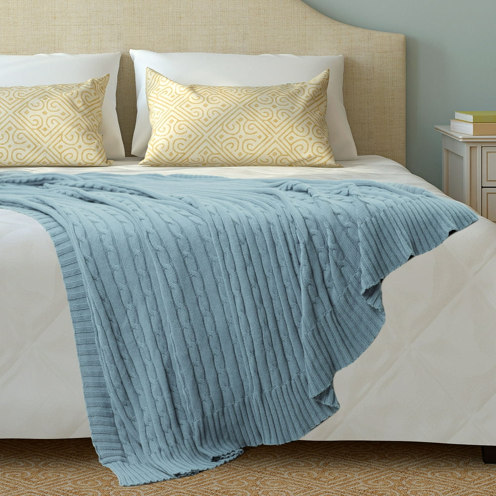 PiccoCasa Cotton Blanket Cable Throw Knit Blankets Light Blue, 70" x 78"