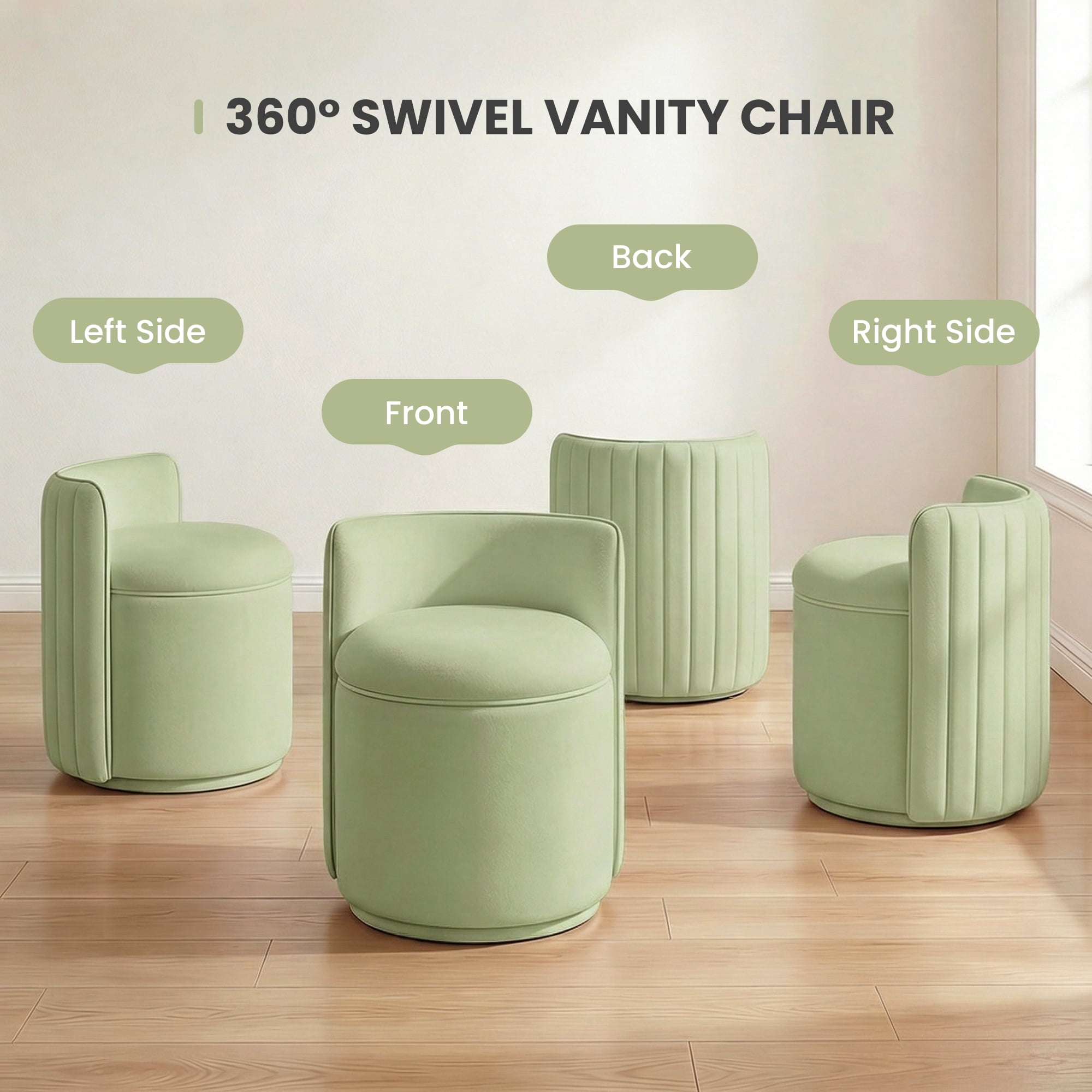 ATHOPE Vanity Chair with Storage, Velvet 360° Swivel Chair with Back, Modern Round Upholstered Bedroom Chair, Comfy Makeup Chair for Dressing, Living Room, No Assembly Required, Green