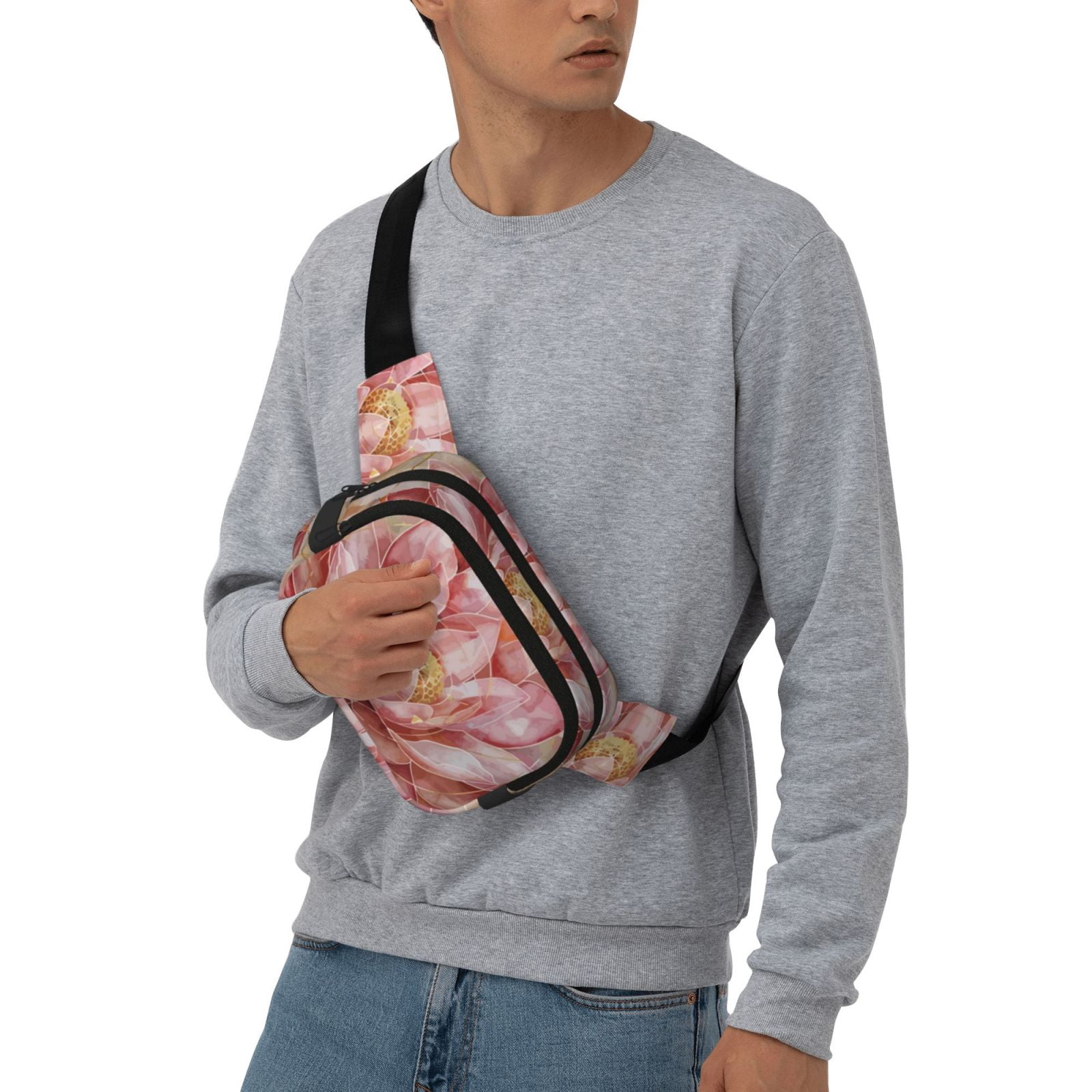 Picia Pink Lotus Print Square Double-Layer Waist Bag Mini Adjustable Waist Belt Bag Exercise Running Travel Hiking