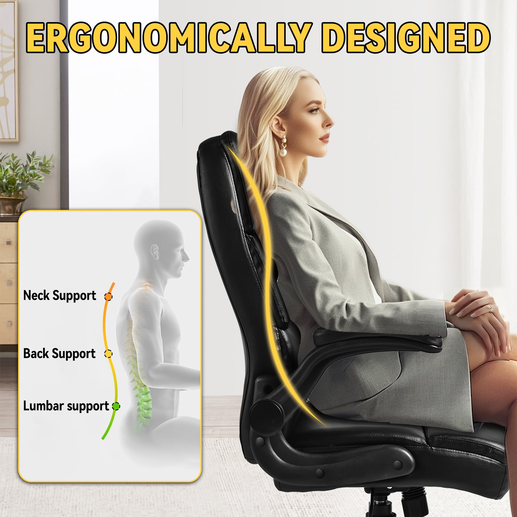 YEEZEE Office Chair with Ergonomic 3-Stage Support and High Back with Armrests,Office and Home