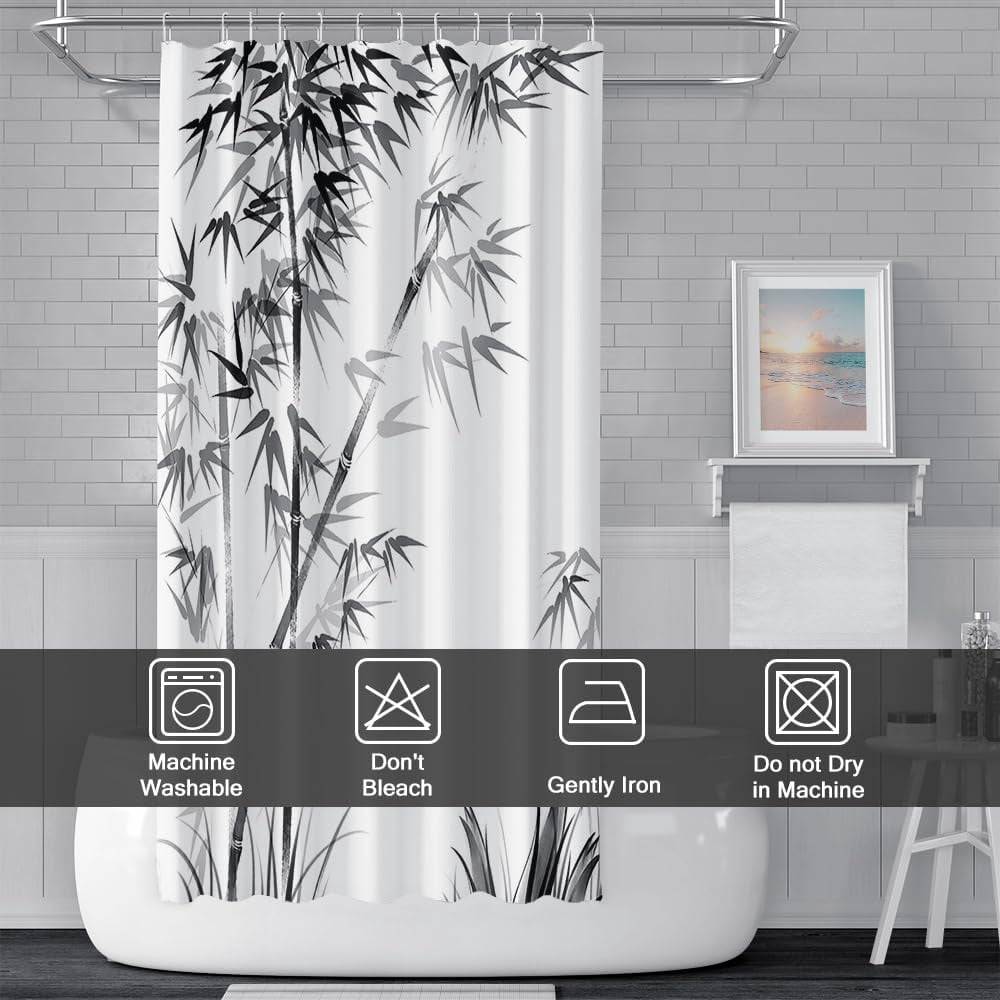 Bamboo Shower Curtain, Aesthetic Ink Bamboo Shower Curtain for Bathroom Waterproof Fabric Black and White Shower Curtain Set with Hooks, 72x84 Inch