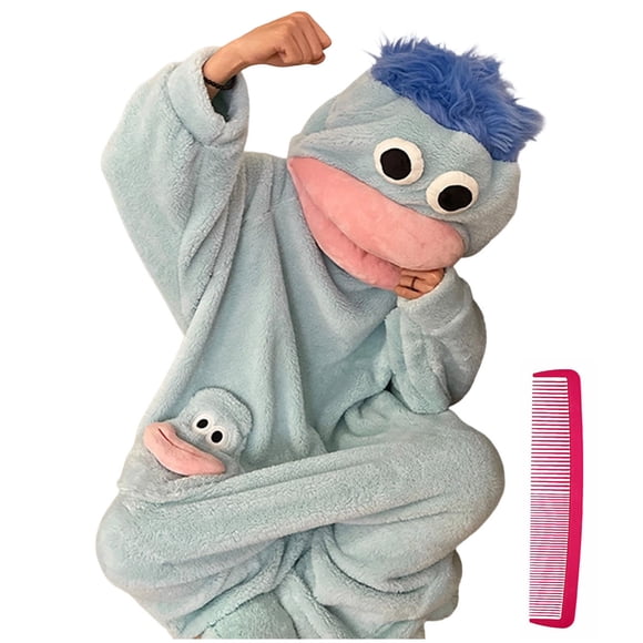 Dakiuu Silly Big Mouth Monster Onesie with Hair and Comb for Adult Women Men Unisex Cute Funny Soft Plush Fleece Cozy Hooded One Piece Wearable Pajamas Home Loungewear