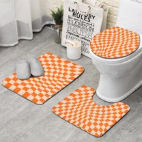 Orange and White Wavy Checkerboard Pattern Bathroom Rugs Sets 3 Piece,Toilet Cover Set,Absorbent Non Slip Bathroom Mats Sets with U-Shaped Contour Rug Toilet Rug Set