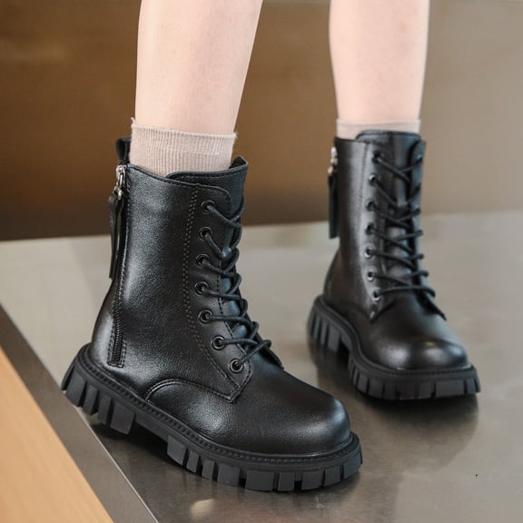 YMNXA Big Kids Girls Boots Non Slip Side Zipper Lace Up Flat Sole Fashion Comfortable Shoes For Daily Wear Black 4-4.5 Years