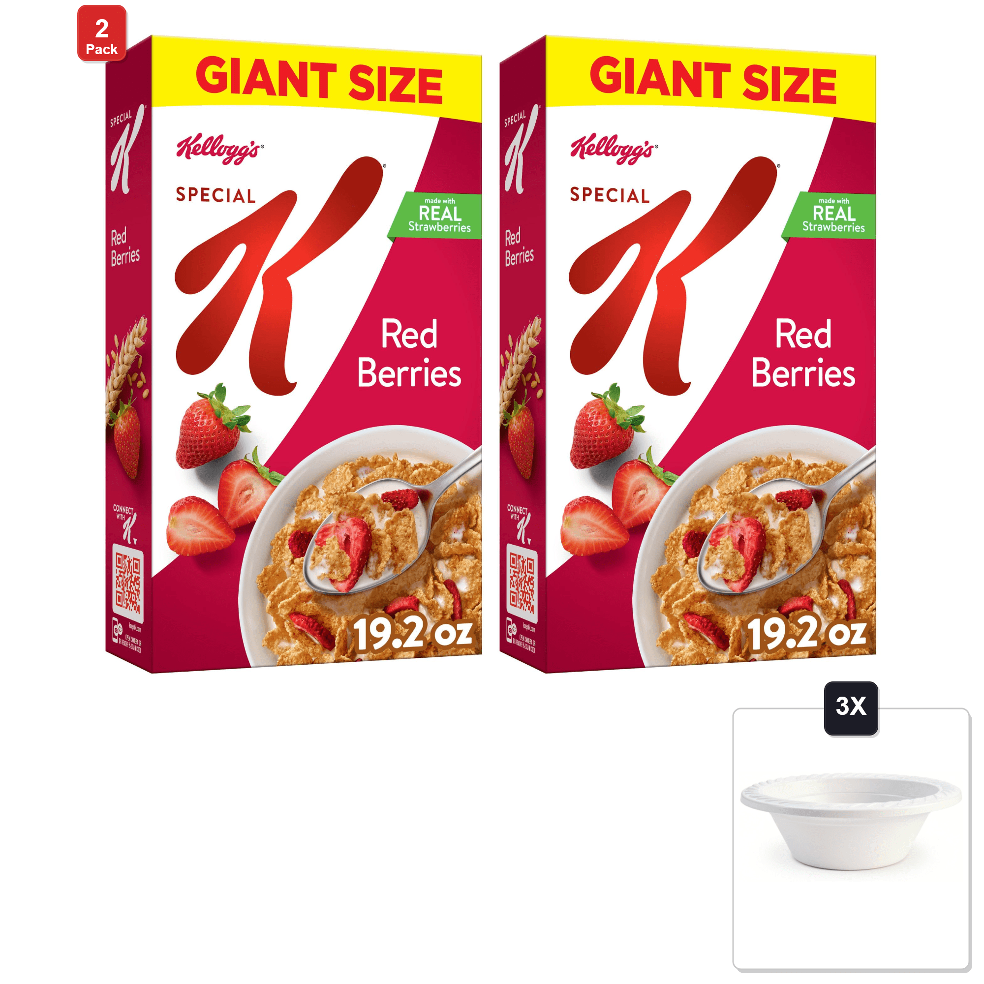2 Pack | Kelloggs Special K Breakfast Cereal, Giant Size, Red Berries, 19.2 oz & 3x 12oz Disposable Plastic Bowl
