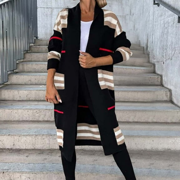 Patlollav Women Cardigan Tops Winter Striped Casual Long Sleeve Long Sweater Coat