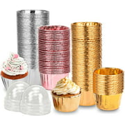 Flunyina Aluminum Foil Cupcake Cups with Covers Ramekin Aluminum Cupcake Liners Disposable Muffin Liners Tip Pans Cake Storage Cups Holders Cookies Fruit Snacks Mini Containers Suace Boxes, 300Sets