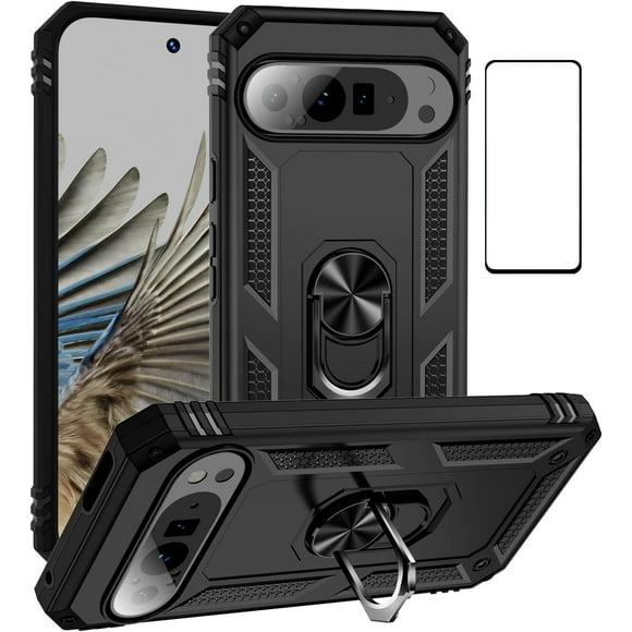 JZWAL-for Google Pixel 9 Case with Screen Protector,Pixel 9 Pro Case Ring Kickstand Military Protective Shockproof Defender Armor Dual Layer Protection Back Cover Phone Case for Pixel9 (Pixel 9 Bla