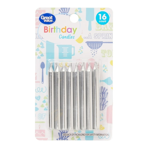 Great Value Birthday Candles, Silver, 16 Count