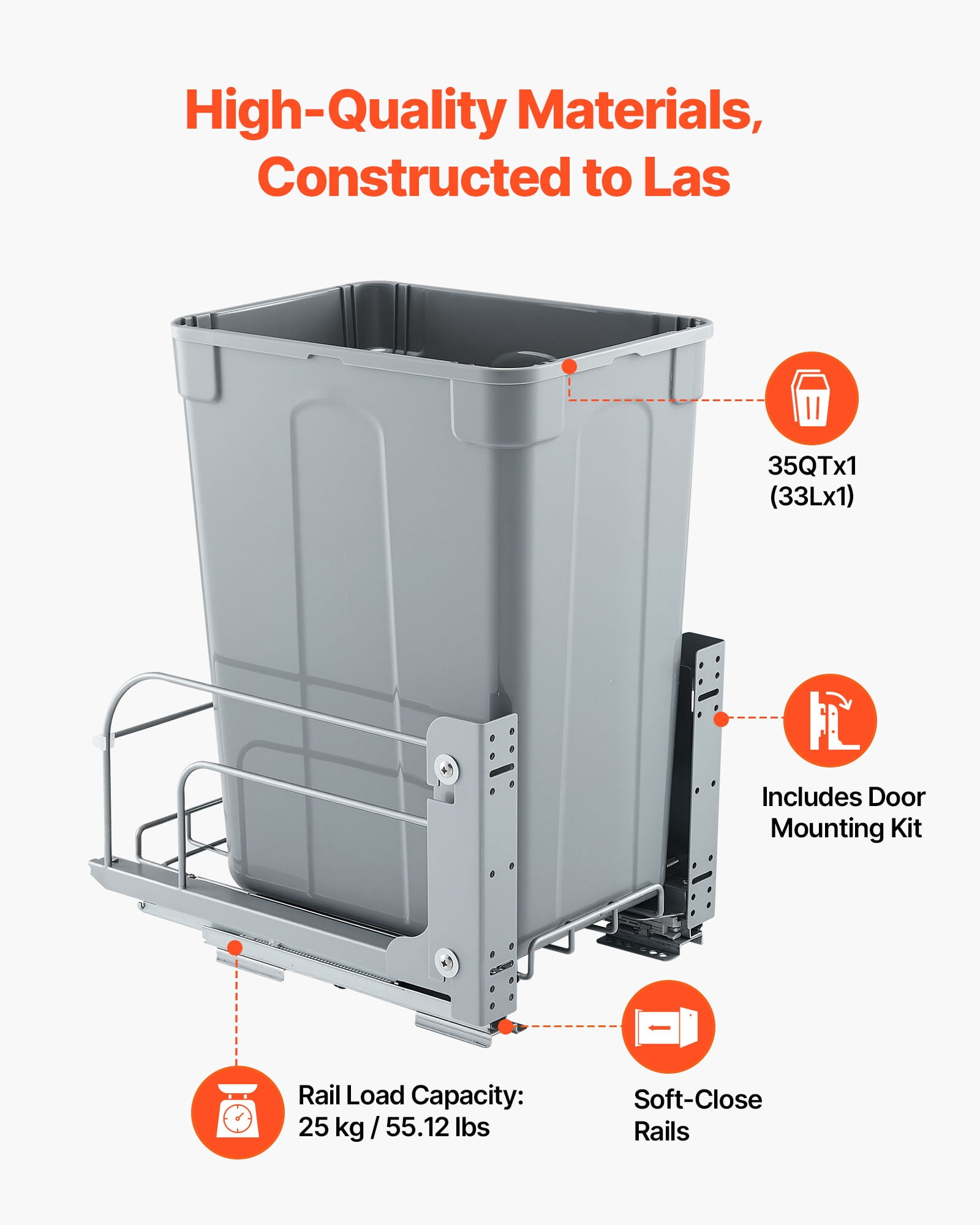 VEVOR Pullout Trash Can for Kitchen Cabinets, 35 QT Garbage Waste Recycling Bin, Under Mount Waste Container, with Heavy Duty Metal Soft Close Sliding System and Door Kit, for Sink, Under Counter