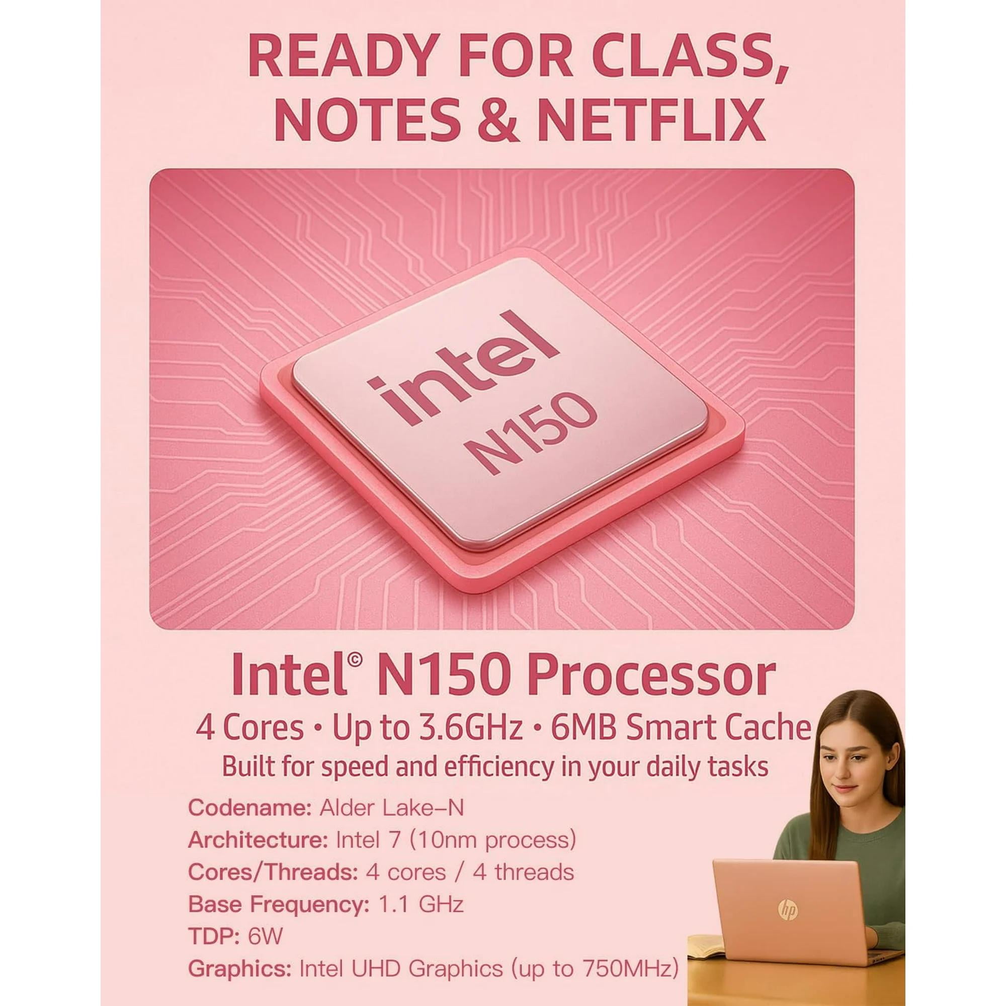 HP 14" N150 Laptop,Intel Quad-Core,16GB RAM,256GB Storage (128GB eMMC + 128GB SD), Windows 11 Pro Copilot，1 Year Microsoft Office 365,Thin Lightweight Lavender Notebook for Work School