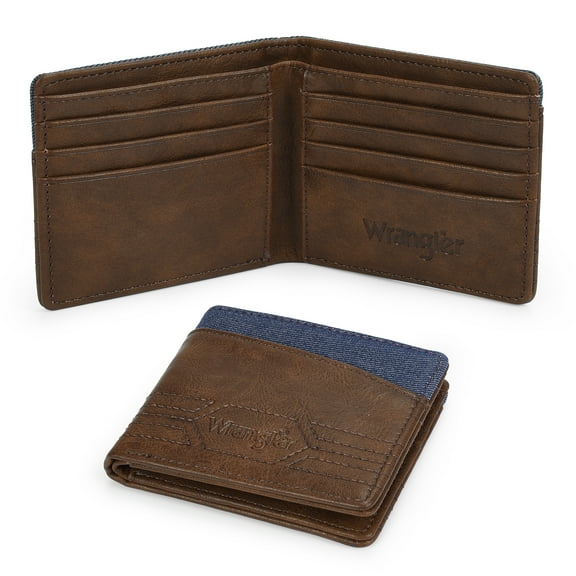 Wrangler Father's Day Leather Wallets for Men, Bifold Wallet RFID Blocking Slim Minimalist Front Pocket - Thin & Stylish (Brown)