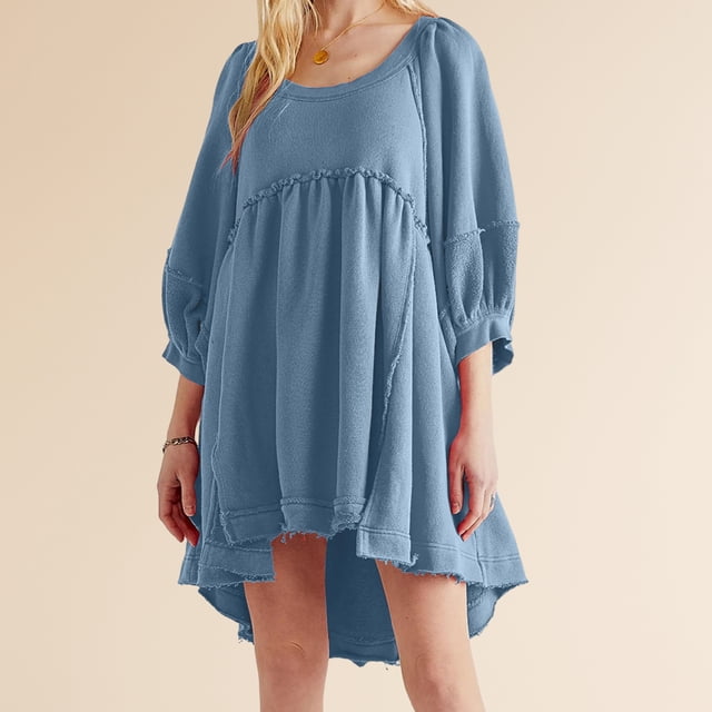 Vestido de manga Linterna Casual Una línea Mujer Color sólido Traje diario Ygjytge Azul T S para Mujer