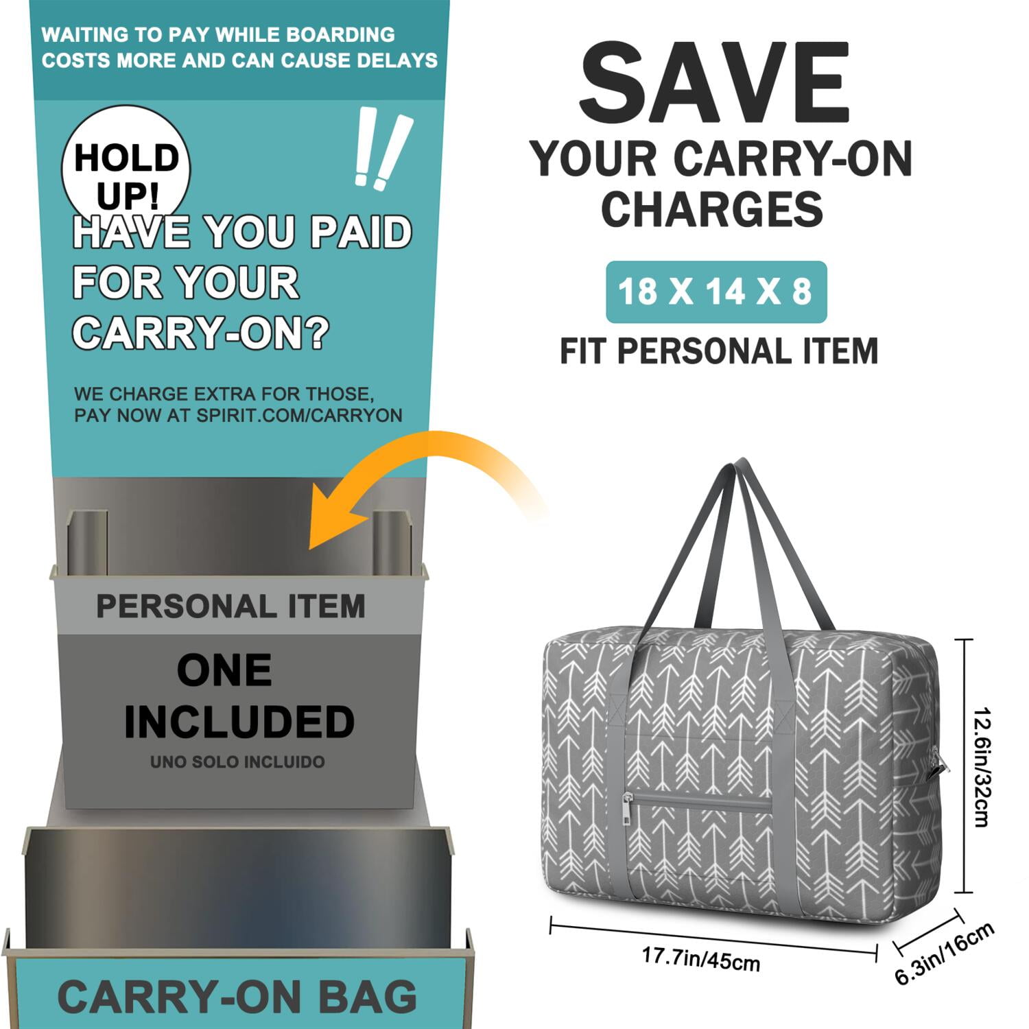 For Spirit Airlines Personal Item Bag 18x14x8 Inch, Boho Weekender Travel Bag, Foldable Travel Duffel Bag Underseat Carry on Bag with Luggage Sleeve for Women and Men 30L