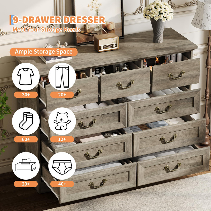 TROPOW Vintage 9 Drawer Dresser for Bedroom, 47" Wide Chest of Drawers with Natural Wood Texture, Wooden Storage Organizer for Closet, Living Room, Hallway,Black