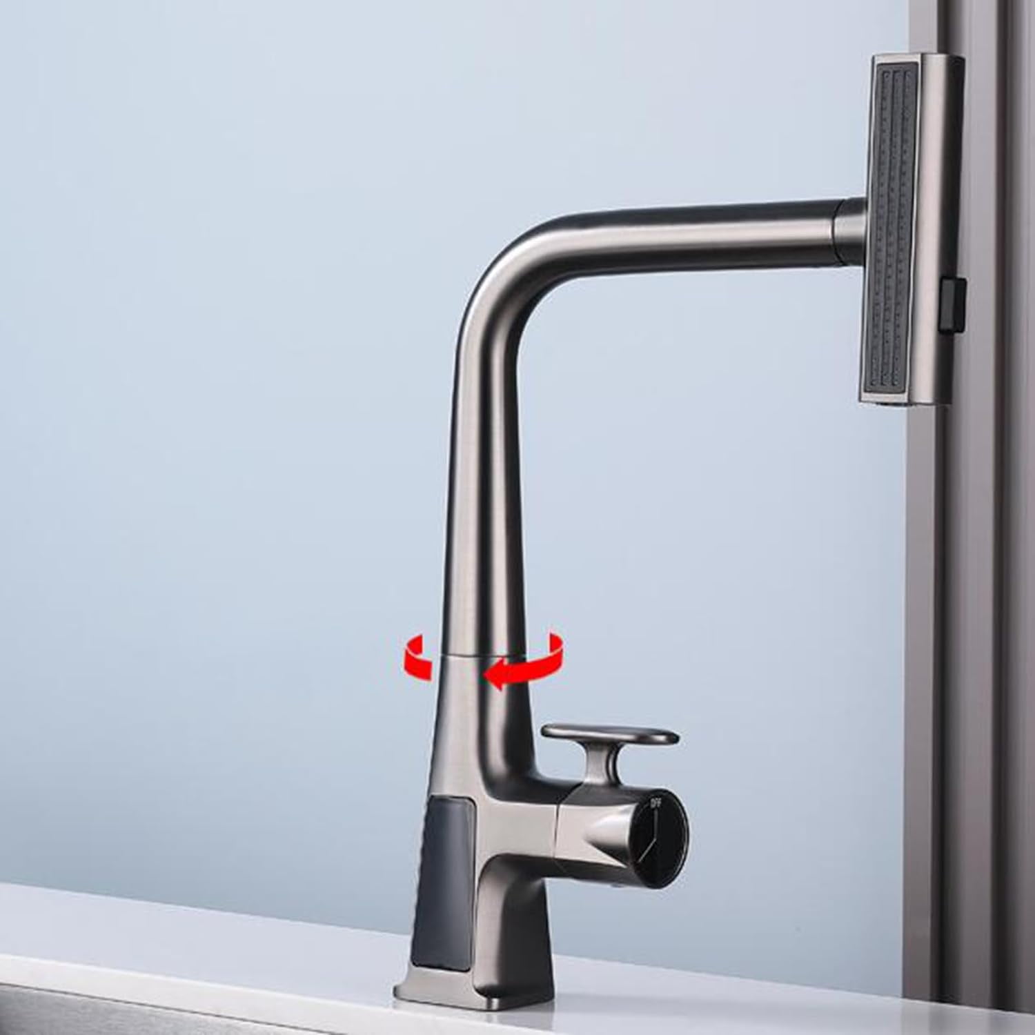 Gray Stainless Steel Pull Out Spray Swivel Brass Technology Kitchen Faucet with LED display
