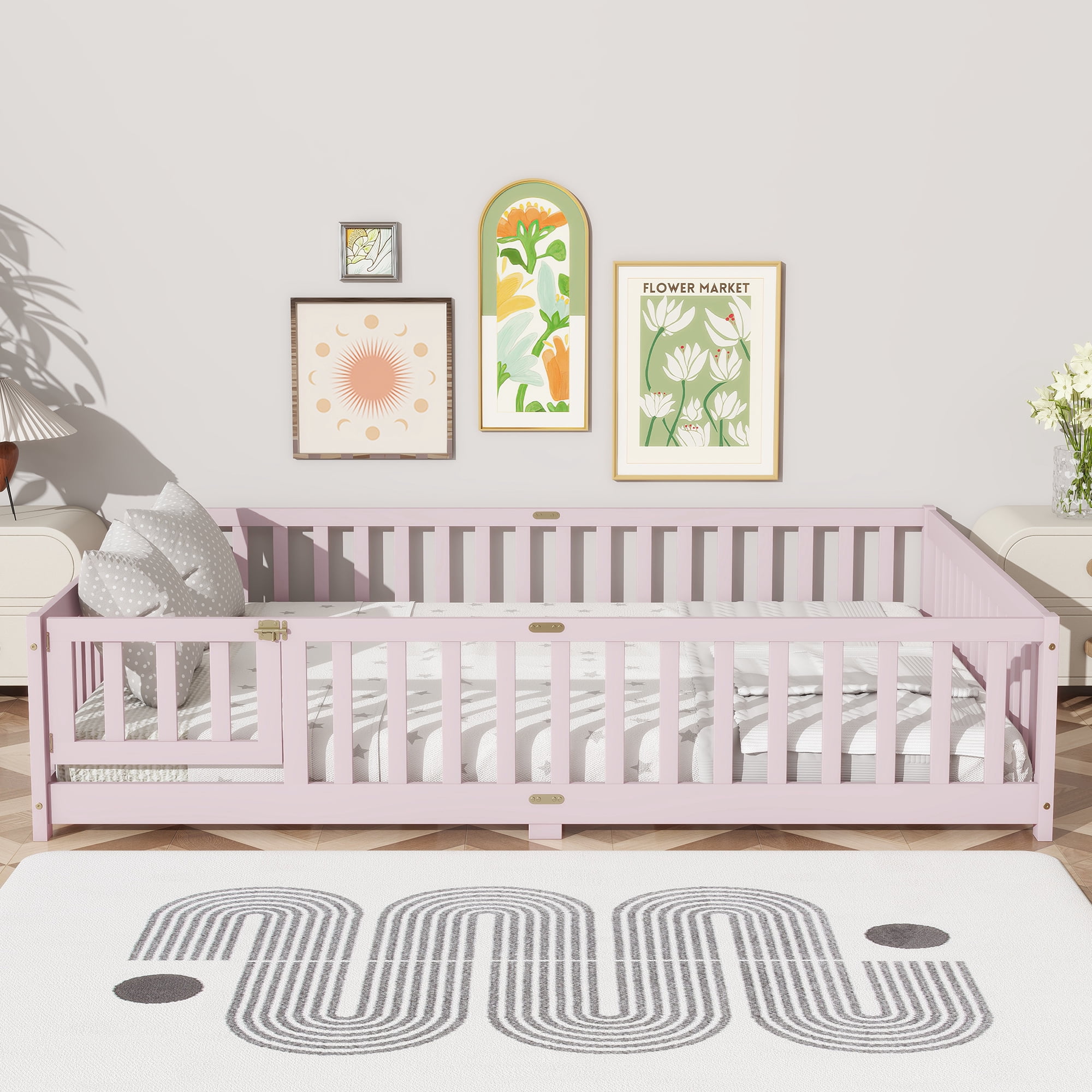 Sailvan Queen Floor Bed with Fence and Door, Solid Wood Kids Platform Bed Frame Pink