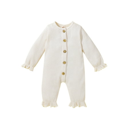 

Suanret Infant Baby Boys Girls Fall Romper Long Sleeve Round Neck Button Down Waffle Knit Jumpsuit Clothes Apricot 0-6 Months