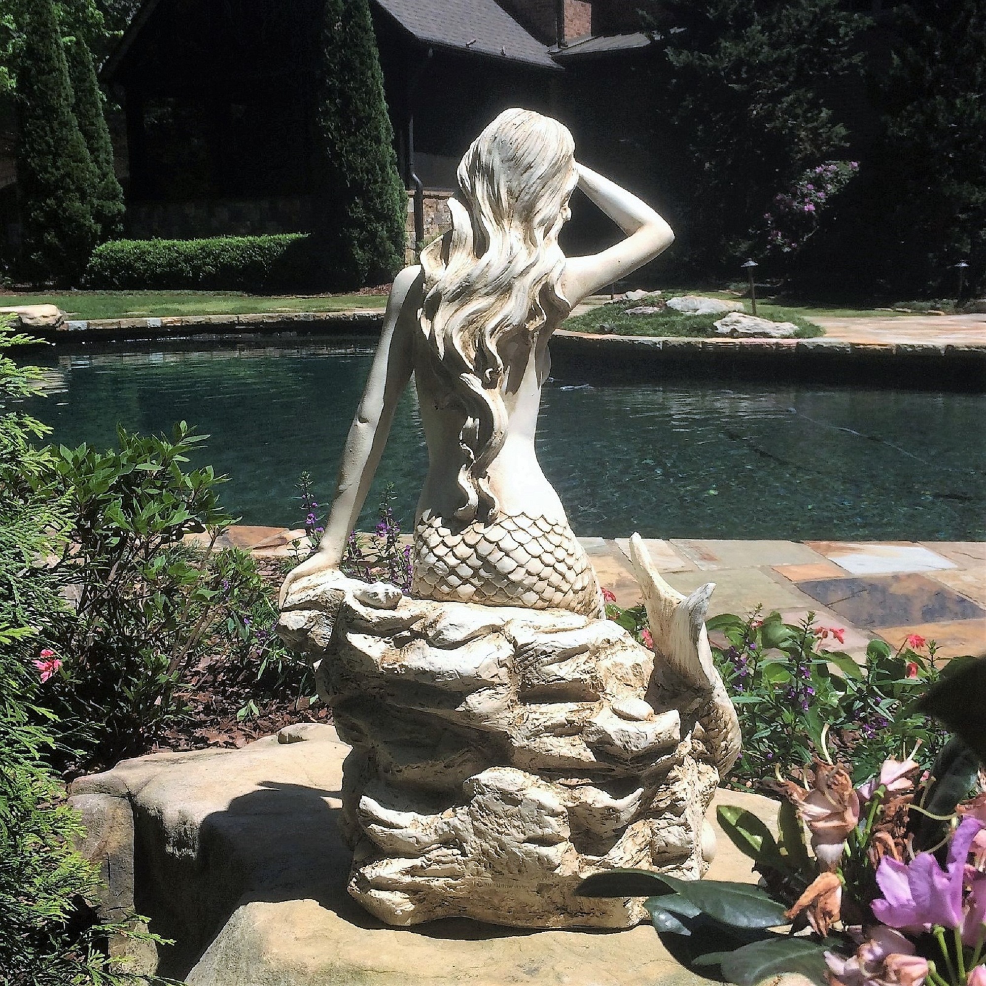 Homestyles 22 in. Antique White Classic Mermaid Sitting on Coastal Rock Looking Out to Sea Beach Nautical Extra Large Statue