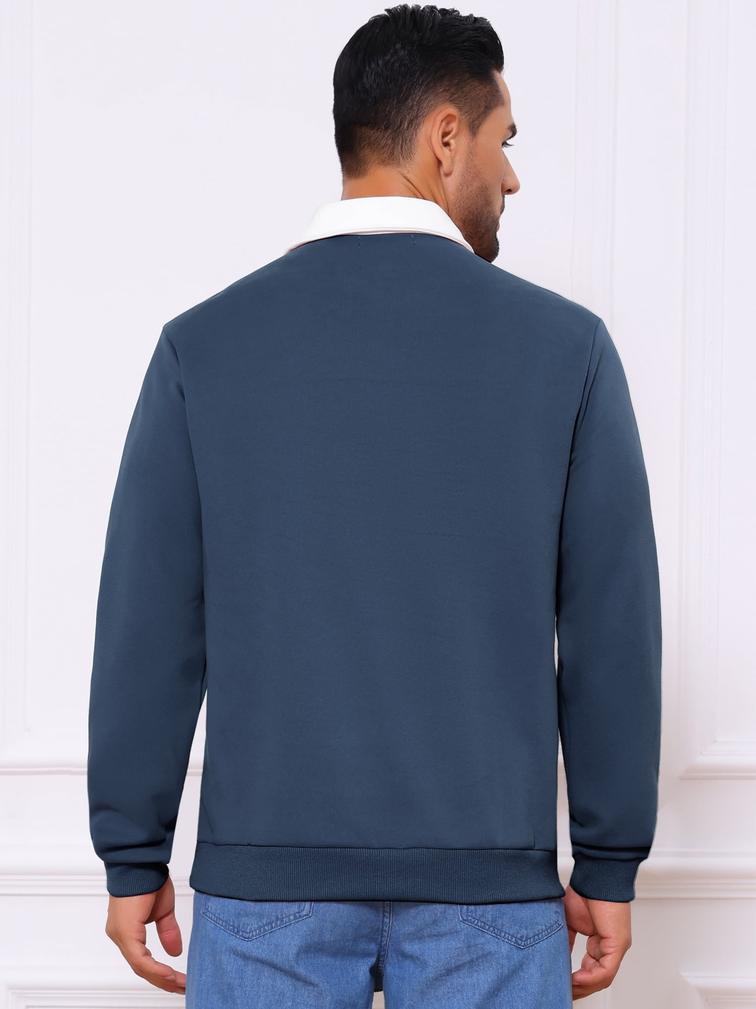 DARING DIVA Men's Contrast Collared Long Sleeves Pullover Polo Sweatshirt XL Dark Blue