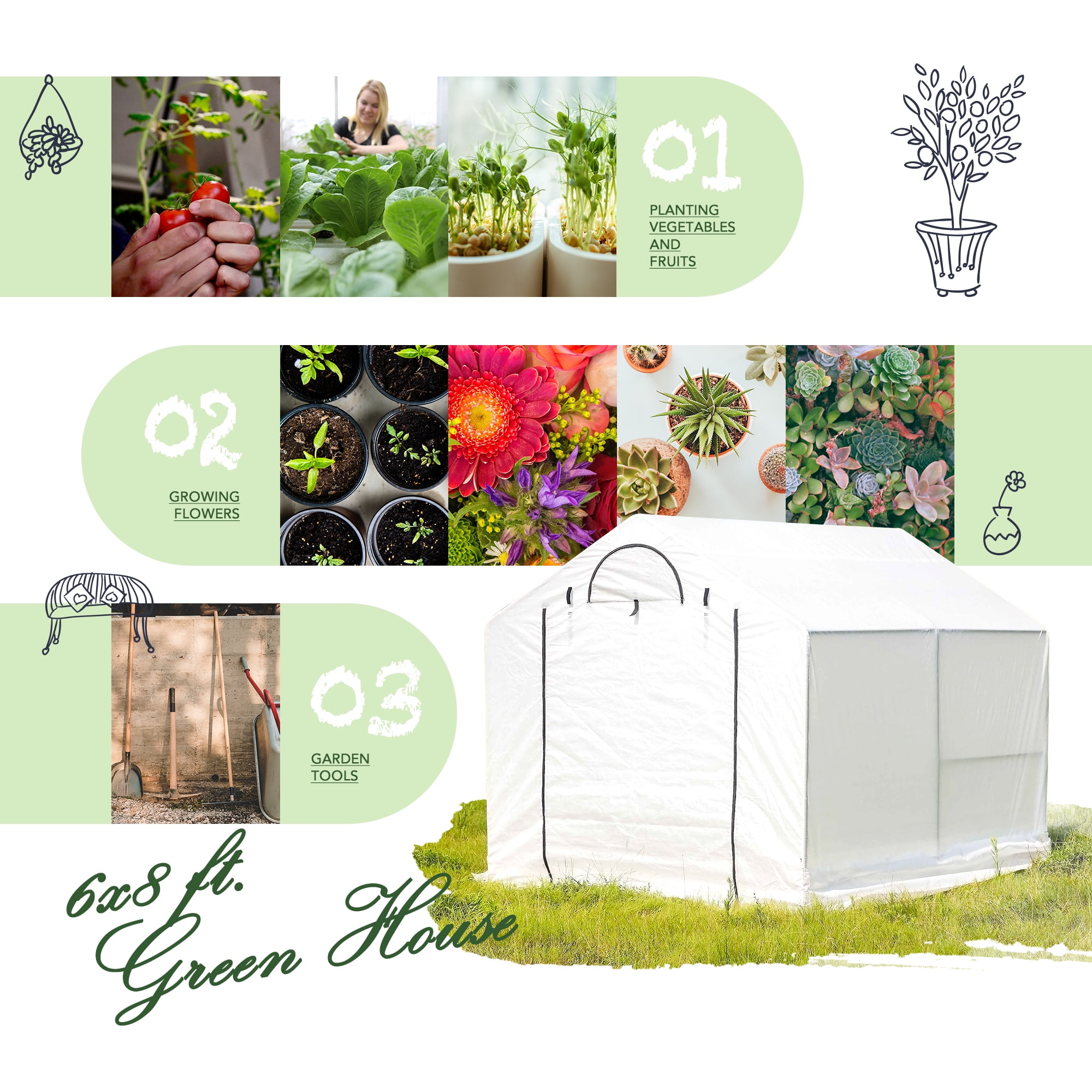 6'X8' GREEN HOUSE WITH 2X4' PLANT SHELF