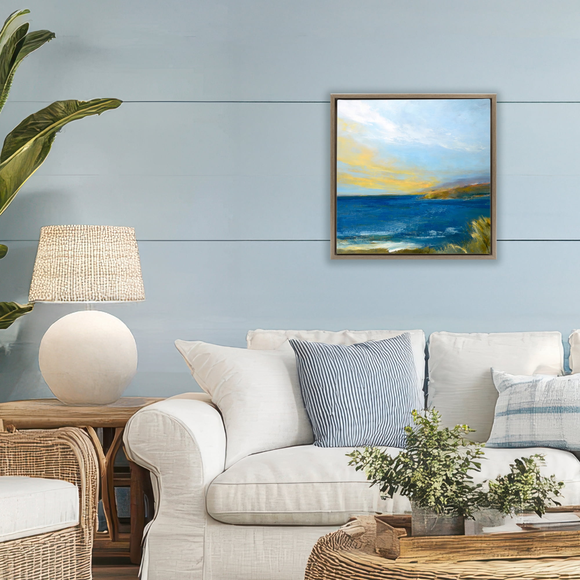 Stupell Industries Vibrant Ocean Light at Dusk Brown Framed Floater Canvas Wall Art, design by Patrick Dennis