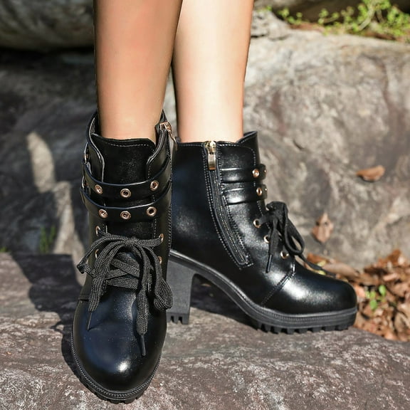 Bnwani Women Boots Footwear Fashion Toe Square Mid-Heel Thick Chunky Ankle Casual Solid Boot Black Size 5.5