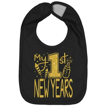- Handmade Cute Baby Holiday First New Years Gold Flake Black Bib - Screen Pressed Infant Boy Girl My 1st New Years Bibs