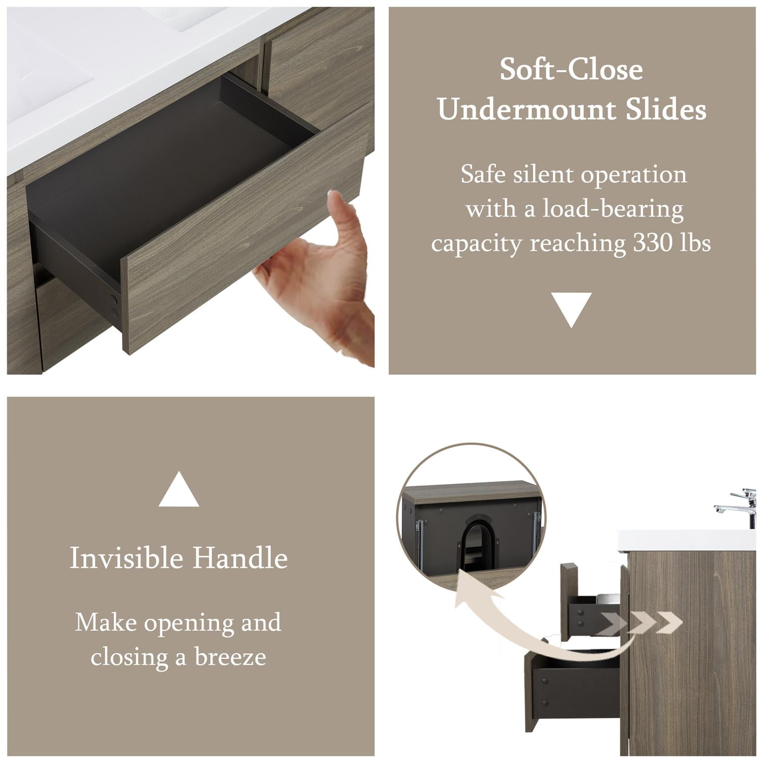 Demi Bonn 60" Floating Bathroom Vanity with Sink, Double Resin Top Basin and 2 Soft Close Drawers, 2 Storage Cabinet, Faucets and Drains Not Included, Gray