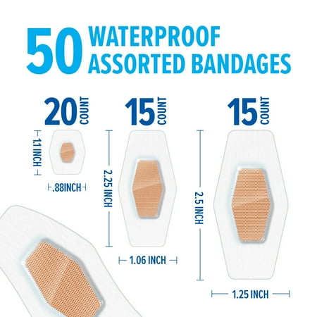 Nexcare Waterproof Clear Bandages, Assorted Sizes, 50 Count