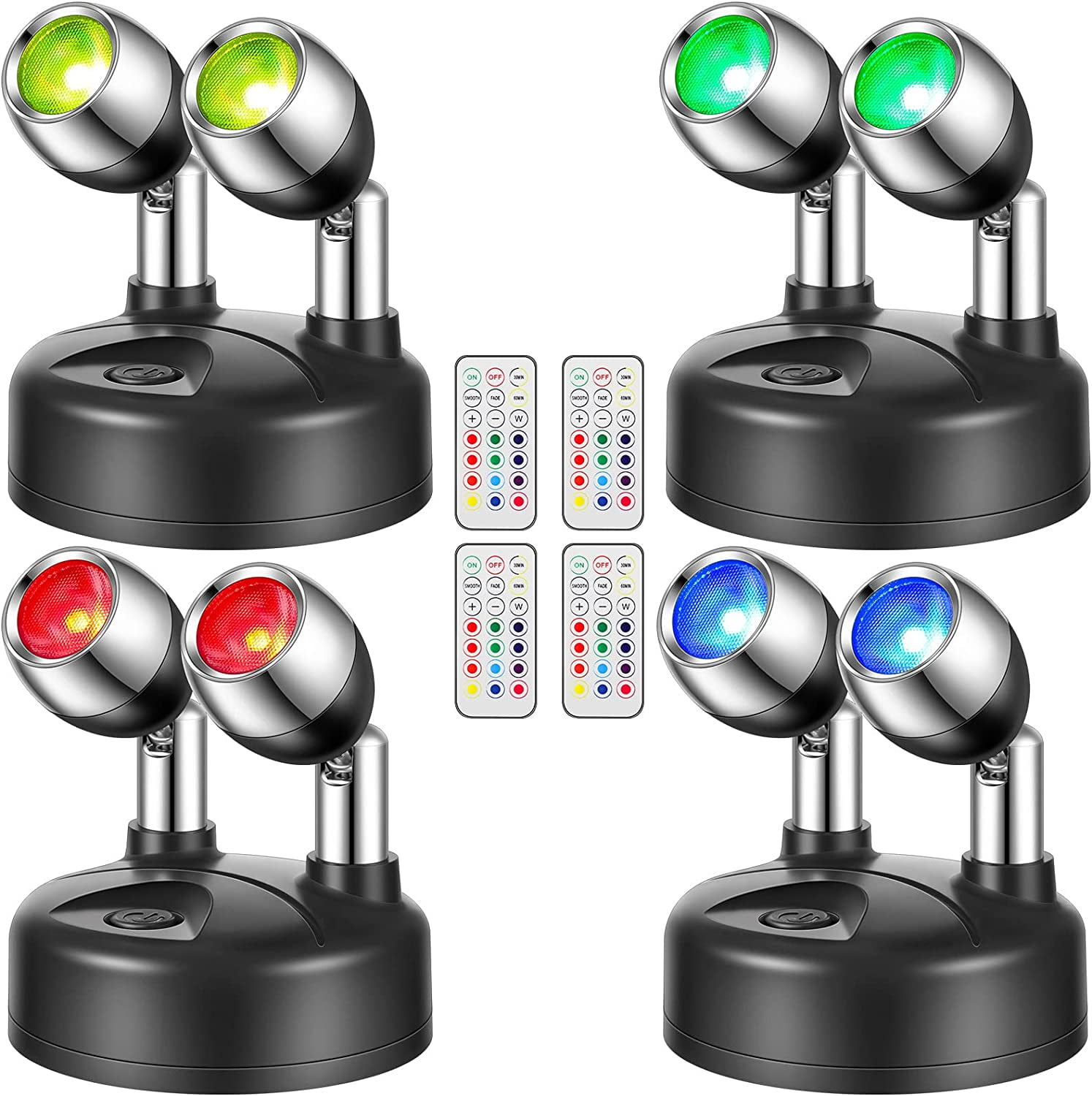 4 Pack Dual Head RGB Wireless LED Spotlight with Remote, 13 Color Spotlight, Battery Operated