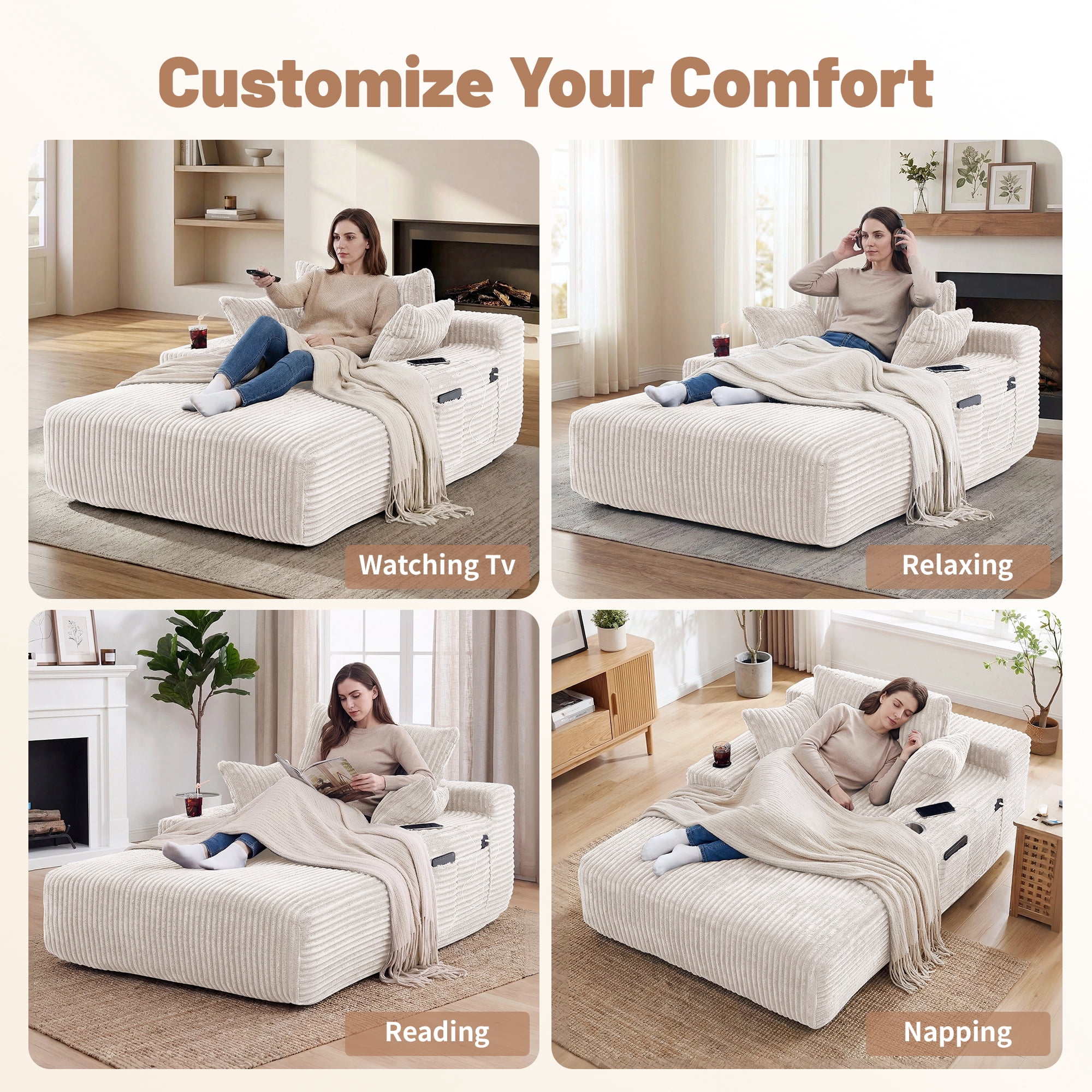 66 Inch Chaise Lounge Chair for Indoor Use, Oversized Corduroy Upholstered Boneless Sofa Bed, Deep Seat Sleeper Couch, No Assembly Required，800lb Support white