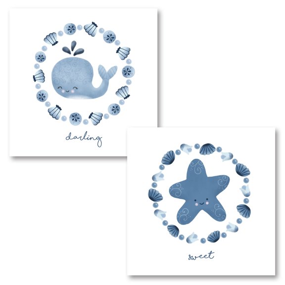 Sweet Navy Blue and White Sweet and Darling Starfish and Whale Set by Noonday Design; Two 12x12in Unframed Paper Posters